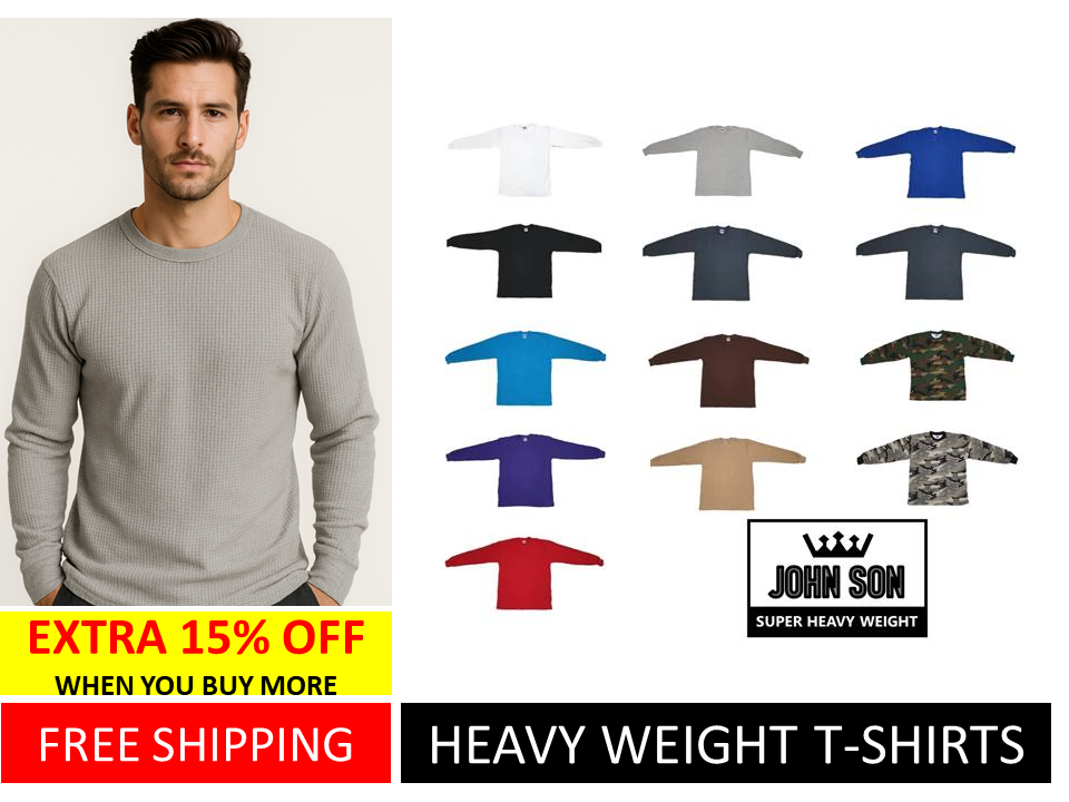 [John Son] Plain Long Sleeve Thermal T-shirts Round Neck Waffle Super Heavy Weight Big Size ***( Black / Light Grey / Navy Blue / Red / Royal Blue / White )