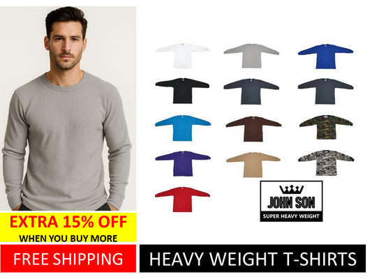 [John Son] Plain Long Sleeve Thermal T-shirts Round Neck Waffle Super Heavy Weight Big Size ***( Black / Light Grey / Navy Blue / Red / Royal Blue / White )